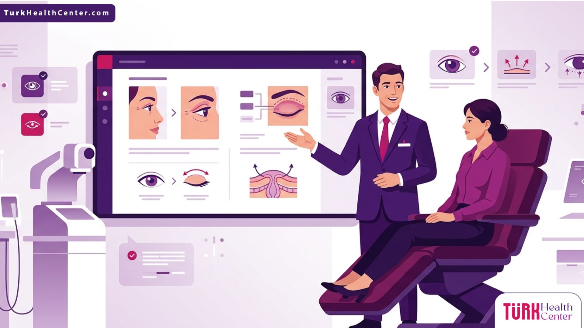 رسم توضيحي متجهي فاخر لطبيب يشرح خطوات جراحة شد العين في تركيا لمريض داخل عيادة تجميل حديثة 