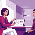 رسم توضيحي لطبيب يشرح تفاصيل جراحة فصل أوتار الحاجب لرفعه جراحياً للمريض في عيادة طبية فاخرة 