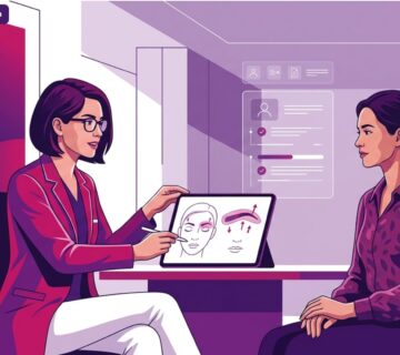 رسم توضيحي لطبيب يشرح تفاصيل جراحة فصل أوتار الحاجب لرفعه جراحياً للمريض في عيادة طبية فاخرة 