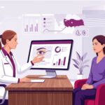 رسم توضيحي يظهر طبيباً يشرح للمريض تفاصيل سعر إزالة دهون العين جراحياً في تركيا داخل عيادة حديثة