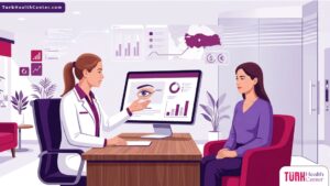 رسم توضيحي يظهر طبيباً يشرح للمريض تفاصيل سعر إزالة دهون العين جراحياً في تركيا داخل عيادة حديثة