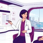 رسم توضيحي لعيادة طبية حديثة يشرح فيها الطبيب تفاصيل سعر عملية تجميل الجفون بالليزر في تركيا للمريض 