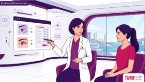 رسم توضيحي لعيادة طبية حديثة يشرح فيها الطبيب تفاصيل سعر عملية تجميل الجفون بالليزر في تركيا للمريض 