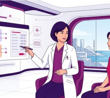 رسم توضيحي لعيادة طبية حديثة يشرح فيها الطبيب تفاصيل سعر عملية تجميل الجفون بالليزر في تركيا للمريض 
