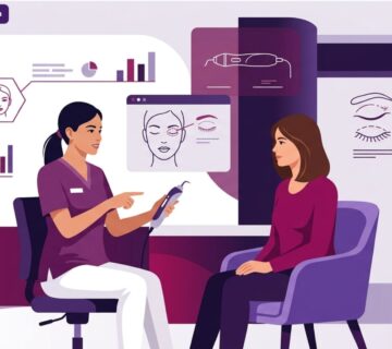 رسم توضيحي يظهر طبيباً يشرح للمريضة عن شد الجفون بالبلازما جيت تجارب حقيقية في عيادة تجميل حديثة 
