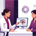 رسم توضيحي لطبيب يشرح تقنية شد الجفون بالتردد الحراري لمريض في عيادة تجميل فخمة 