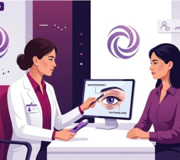 رسم توضيحي لطبيب يشرح تقنية شد الجفون بالتردد الحراري لمريض في عيادة تجميل فخمة 