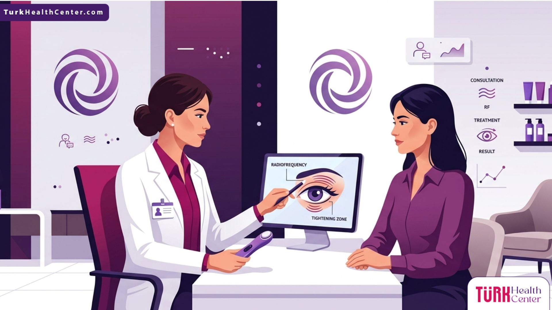 رسم توضيحي لطبيب يشرح تقنية شد الجفون بالتردد الحراري لمريض في عيادة تجميل فخمة 