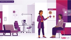 رسم توضيحي عصري لطبيب يشرح خطوات علاج ارتخاء الجفن في تركيا لمريض داخل عيادة طبية فاخرة 