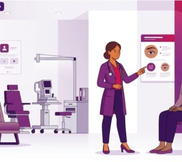 رسم توضيحي عصري لطبيب يشرح خطوات علاج ارتخاء الجفن في تركيا لمريض داخل عيادة طبية فاخرة 