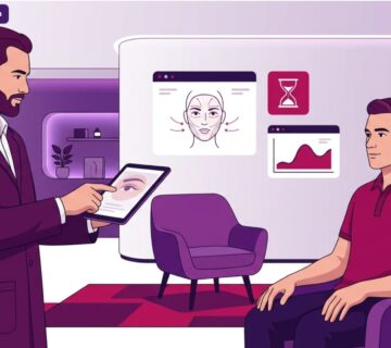 رسم توضيحي للطبيب يشرح تفاصيل عمليات تجميل العيون والجفون للرجال في عيادة طبية فاخرة 