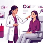 رسم توضيحي عصري لعيادة طبية يشرح فيها الطبيب طريقة عملية الهالات السوداء في تركيا للمريض 