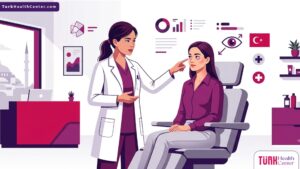 رسم توضيحي عصري لعيادة طبية يشرح فيها الطبيب طريقة عملية الهالات السوداء في تركيا للمريض 