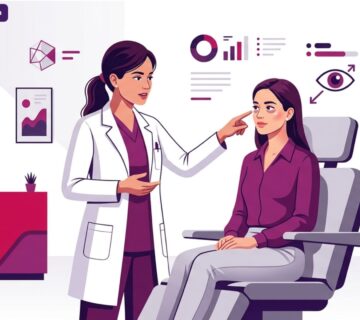 رسم توضيحي عصري لعيادة طبية يشرح فيها الطبيب طريقة عملية الهالات السوداء في تركيا للمريض 