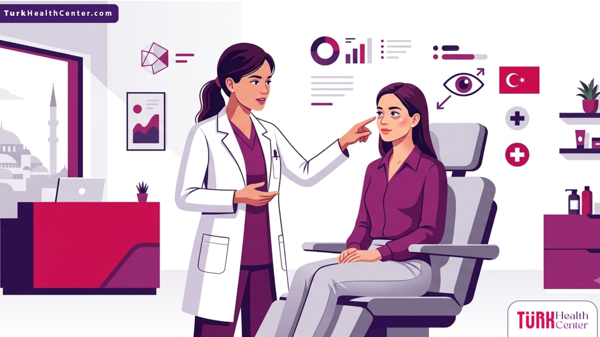 رسم توضيحي عصري لعيادة طبية يشرح فيها الطبيب طريقة عملية الهالات السوداء في تركيا للمريض