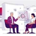رسم توضيحي حديث لطبيب عيون يشرح تفاصيل عملية تثبيت وتر العين في تركيا للمريض في عيادة طبية فاخرة 