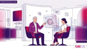 رسم توضيحي حديث لطبيب عيون يشرح تفاصيل عملية تثبيت وتر العين في تركيا للمريض في عيادة طبية فاخرة 