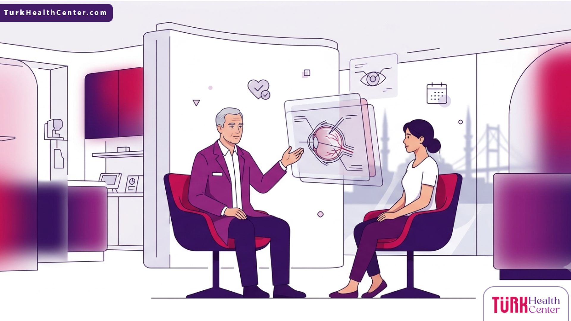 رسم توضيحي حديث لطبيب عيون يشرح تفاصيل عملية تثبيت وتر العين في تركيا للمريض في عيادة طبية فاخرة