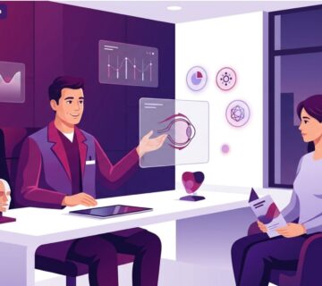 رسم توضيحي طبي عالي الدقة لطبيب يشرح للمريض حول نتائج شد الجفون في تركيا داخل عيادة تجميل حديثة