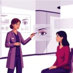 رسم توضيحي يظهر طبيباً يشرح للمريض هل تؤثر عملية الجفون على النظر في عيادة طبية حديثة ومجهزة 