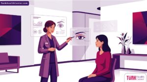 رسم توضيحي يظهر طبيباً يشرح للمريض هل تؤثر عملية الجفون على النظر في عيادة طبية حديثة ومجهزة 