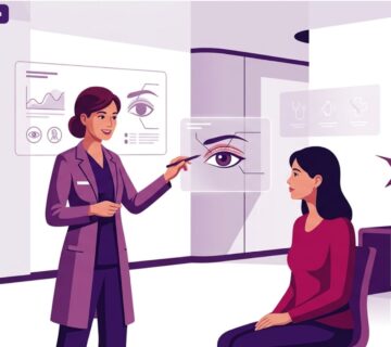 رسم توضيحي يظهر طبيباً يشرح للمريض هل تؤثر عملية الجفون على النظر في عيادة طبية حديثة ومجهزة 