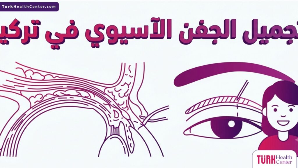 رسم توضيحي تشريحي يشرح تركيبة العين وكيفية إجراء تجميل الجفن الآسيوي في تركيا.