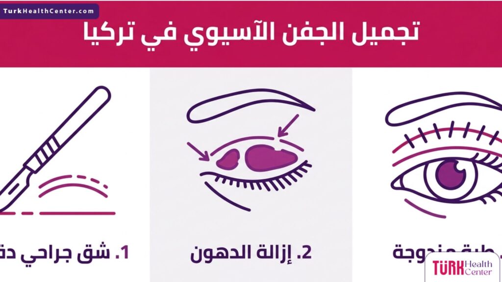 إنفوجرافيك يوضح خطوات تجميل الجفن الآسيوي في تركيا من الشق الجراحي إلى النتيجة النهائية.