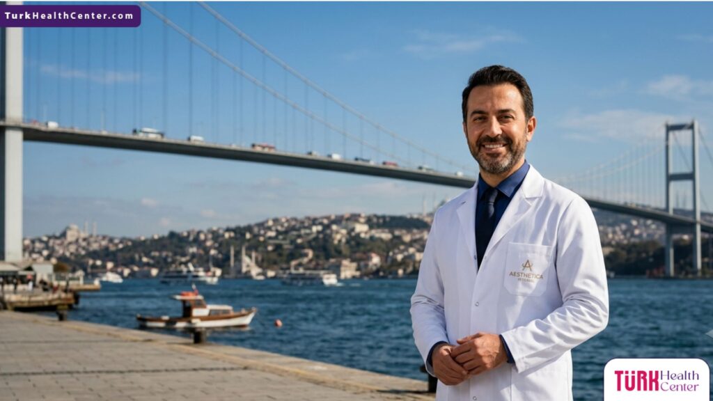 جراح تجميل خبير يقف أمام جسر البوسفور، جاهز لتقديم أفضل نتائج تجميل الجفن الآسيوي في تركيا.
