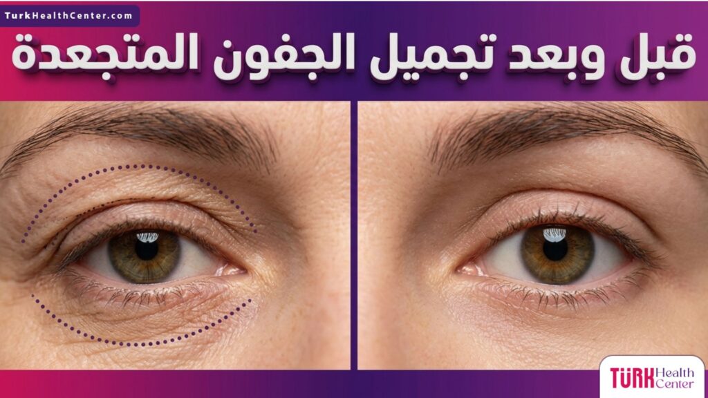مقارنة بصرية قبل وبعد إجراء تجميل الجفون المتجعدة توضح العلامات الجراحية والنتيجة النهائية لشد الجفن.
