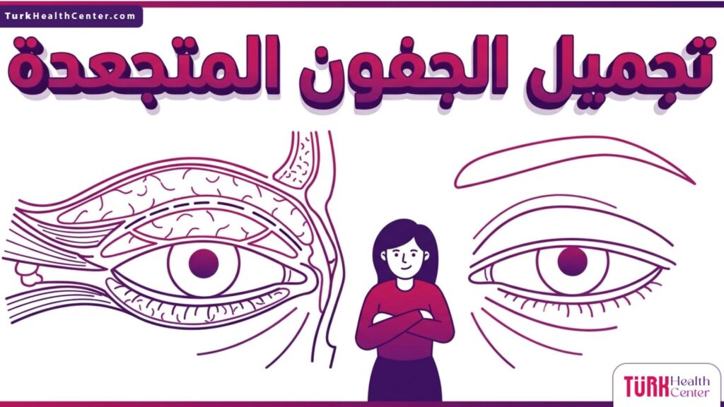 رسم تشريحي هندسي دقيق يوضح البنية الداخلية للعين والأنسجة المستهدفة خلال تجميل الجفون المتجعدة.