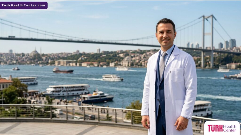 طبيب تجميل متخصص في تجميل الجفون المتجعدة يقف بثقة أمام جسر البوسفور في إسطنبول تحت إضاءة نهارية طبيعية.