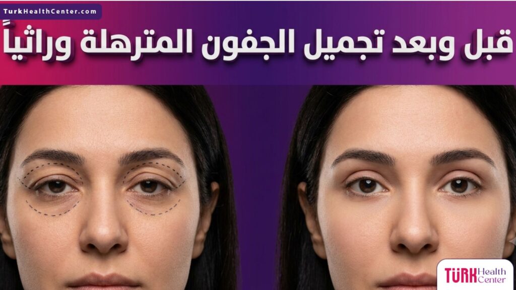 صورة مقسمة تظهر حالة المريض قبل وبعد إجراء عملية تجميل الجفون المترهلة وراثياً مع إبراز النتائج الجمالية.
