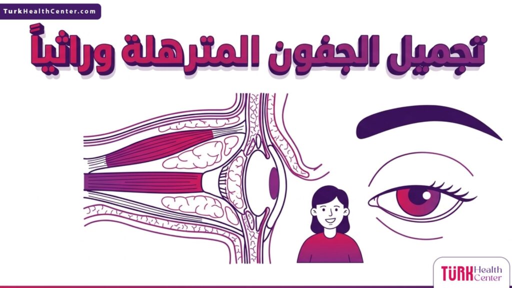إنفوجرافيك طبي تشريحي يوضح التركيب الداخلي للعين وآلية تجميل الجفون المترهلة وراثياً.