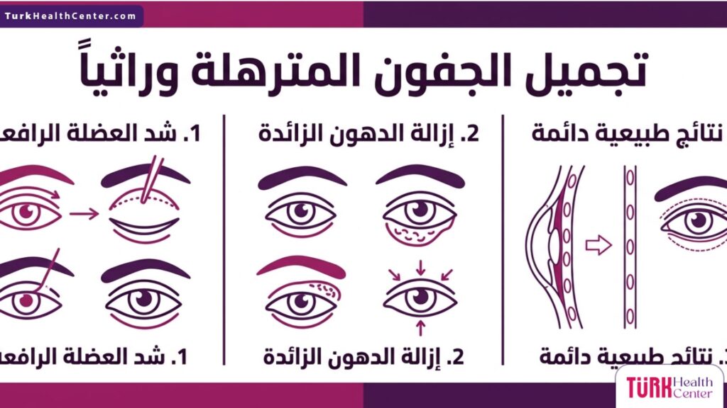 إنفوجرافيك علمي يوضح الخطوات والمزايا الرئيسية لعملية تجميل الجفون المترهلة وراثياً.