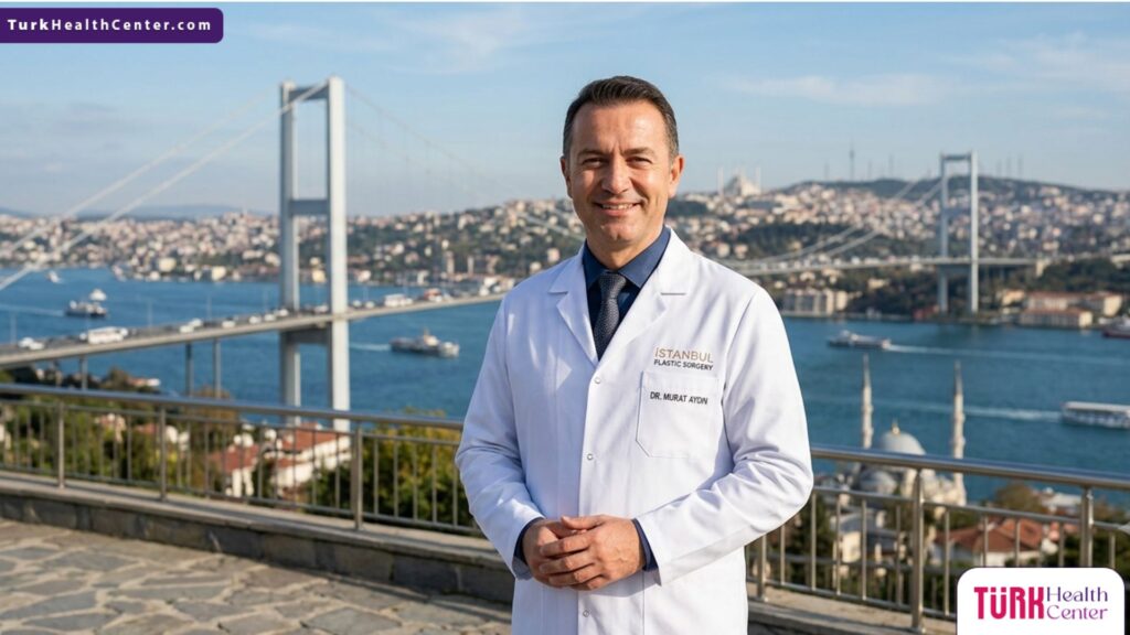 طبيب جراحة تجميل متخصص في تجميل الجفون المترهلة وراثياً يقف بثقة أمام جسر البوسفور في إسطنبول.