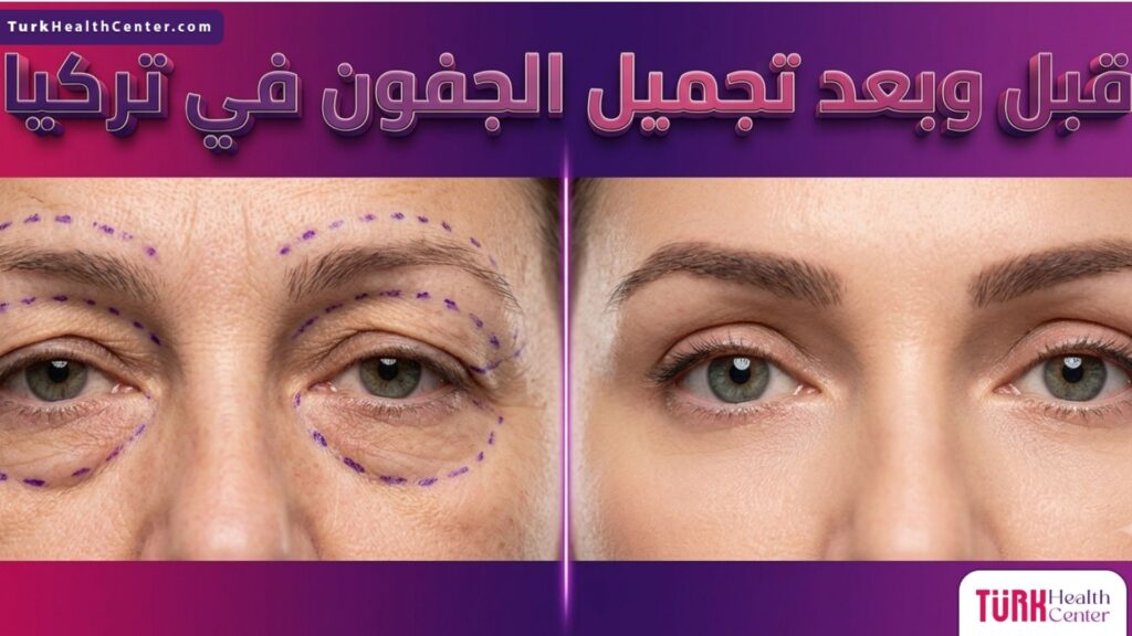 مقارنة قبل وبعد عملية تجميل الجفون في تركيا تظهر التخلص من الترهلات والانتفاخات.