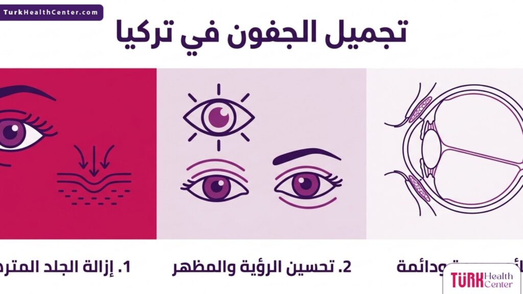 إنفوجرافيك علمي يوضح أهم 3 فوائد ومراحل لعملية تجميل الجفون في تركيا.