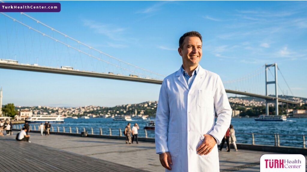 طبيب جراحة تجميل متخصص في تجميل الجفون في تركيا يقف بابتسامة أمام جسر البوسفور في اسطنبول.