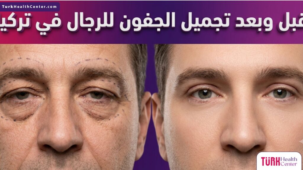 صورة مقارنة قبل وبعد تظهر التحول المذهل والتخطيط الجراحي لعملية تجميل الجفون للرجال في تركيا.