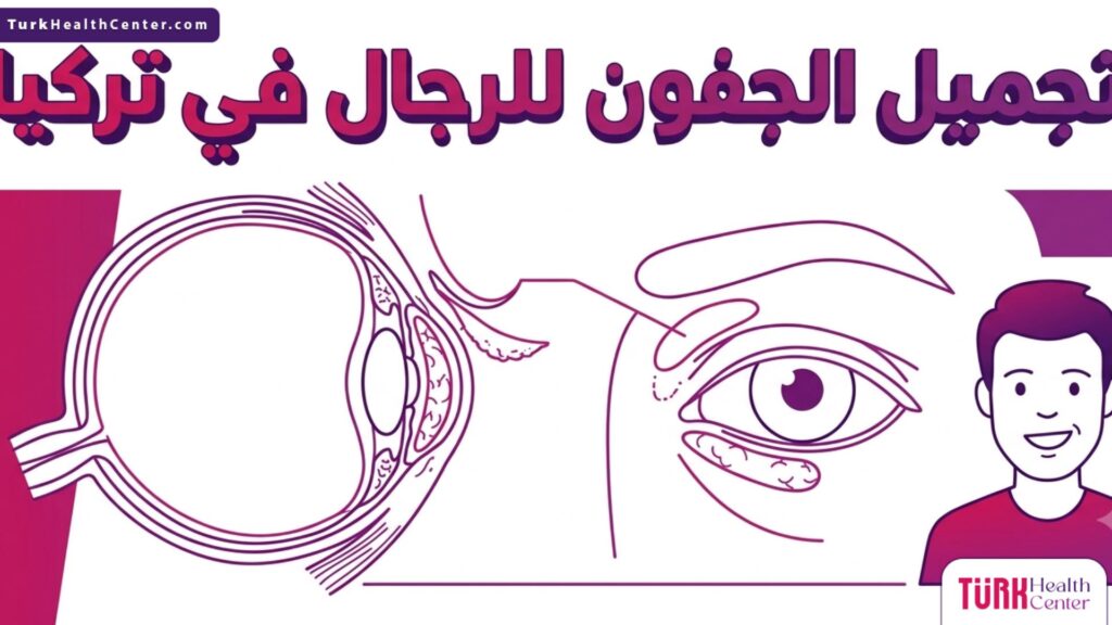 إنفوجرافيك تشريحي دقيق يوضح الطبقات العضلية والدهنية للعين وكيفية إجراء تجميل الجفون للرجال في تركيا.