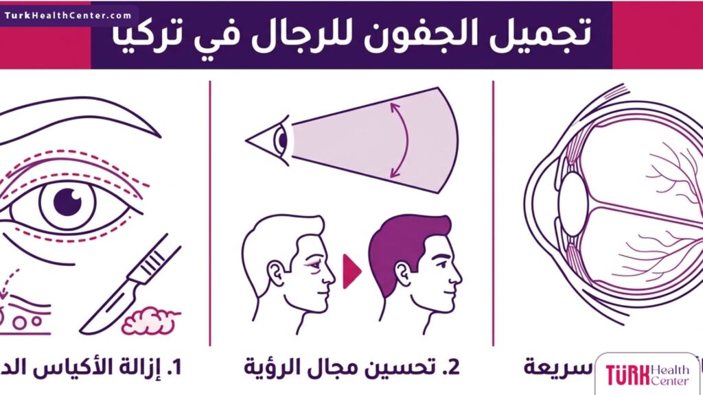 تصميم إنفوجرافيك طبي يبرز أهم 3 فوائد وخطوات علمية لإجراء تجميل الجفون للرجال في تركيا.