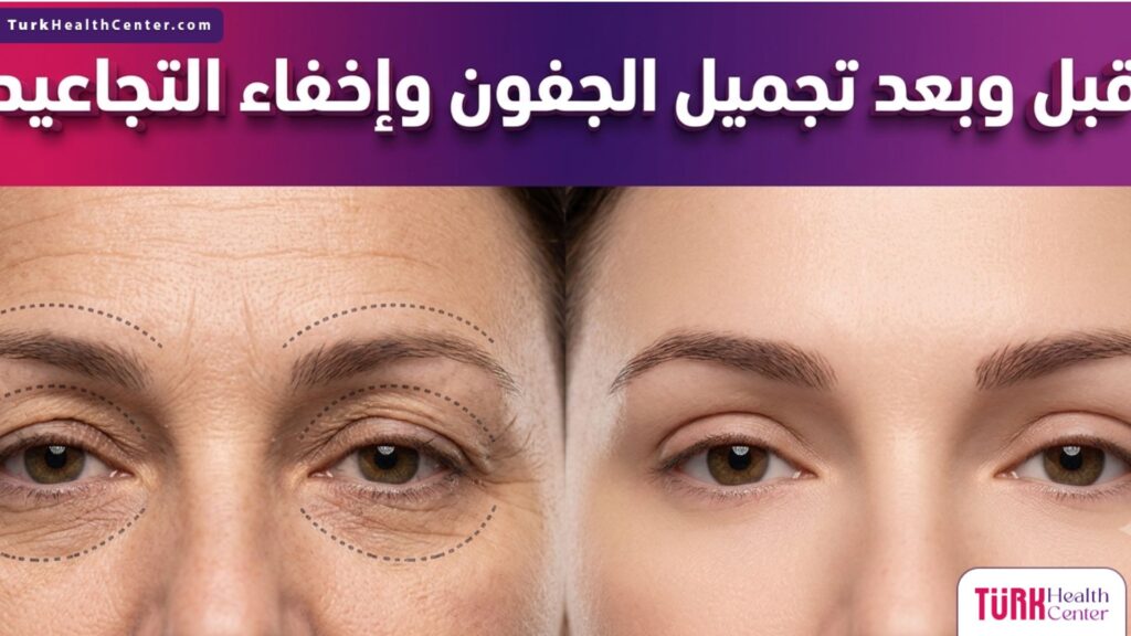 صورة مقسمة تظهر حالة المريض قبل وبعد إجراء تجميل الجفون وإخفاء التجاعيد بنجاح.