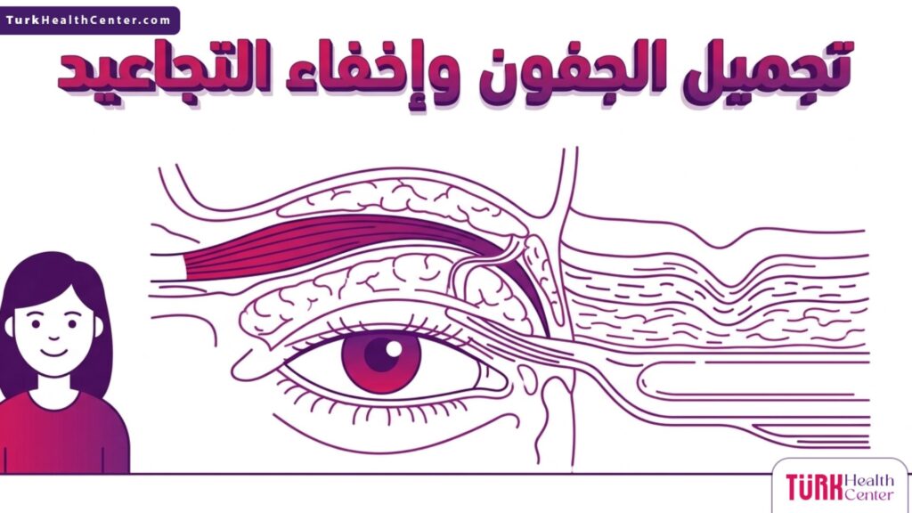إنفوجرافيك تشريحي يوضح التركيب الداخلي للعين وكيفية تجميل الجفون وإخفاء التجاعيد علمياً.