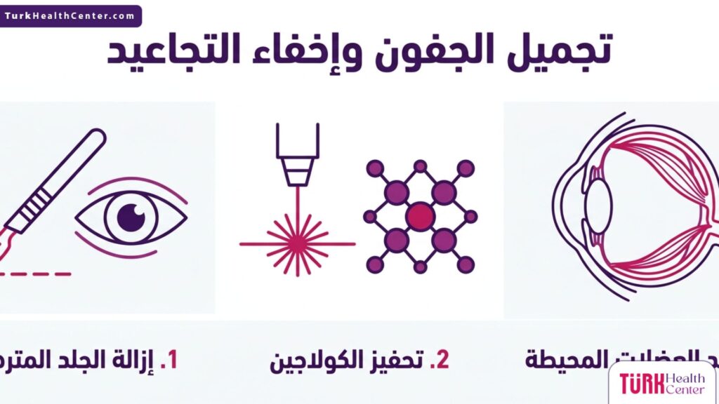 إنفوجرافيك طبي مقسم يوضح خطوات وفوائد تجميل الجفون وإخفاء التجاعيد بدقة.
