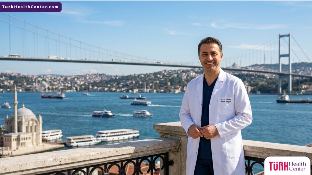طبيب تجميل متخصص في تجميل الجفون وإخفاء التجاعيد يقف بثقة أمام جسر البوسفور في إسطنبول بتركيا.