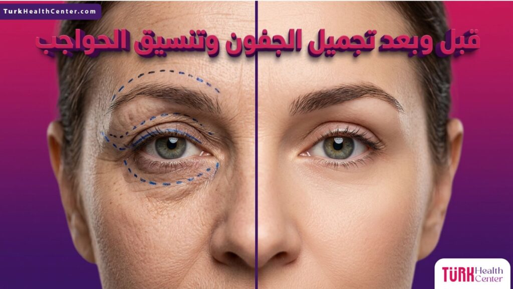 مقارنة بصرية لنتائج قبل وبعد تجميل الجفون وتنسيق الحواجب تظهر العلامات الجراحية والنتيجة النهائية المثالية.
