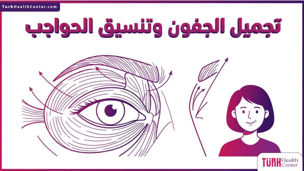 إنفوجرافيك طبي تشريحي دقيق يوضح البنية العضلية وتقنيات الشد الخاصة بإجراء تجميل الجفون وتنسيق الحواجب.