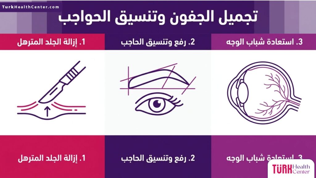 إنفوجرافيك علمي مبسط يشرح أهم 3 مراحل أساسية في خطوات تجميل الجفون وتنسيق الحواجب.
