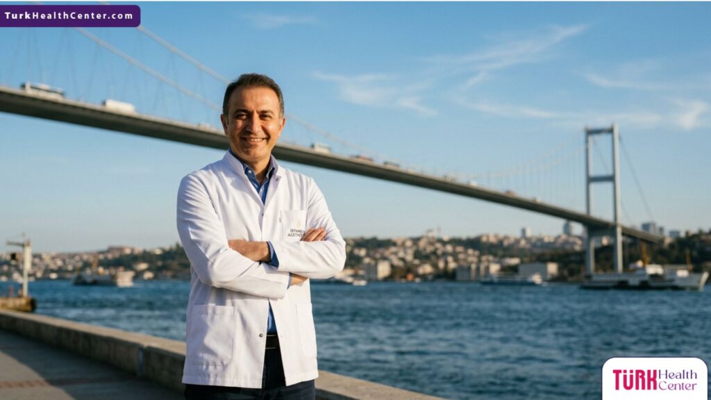 طبيب تجميل خبير بابتسامة واثقة أمام جسر البوسفور في اسطنبول كوجهة مفضلة لإجراء تجميل الجفون وتنسيق الحواجب.